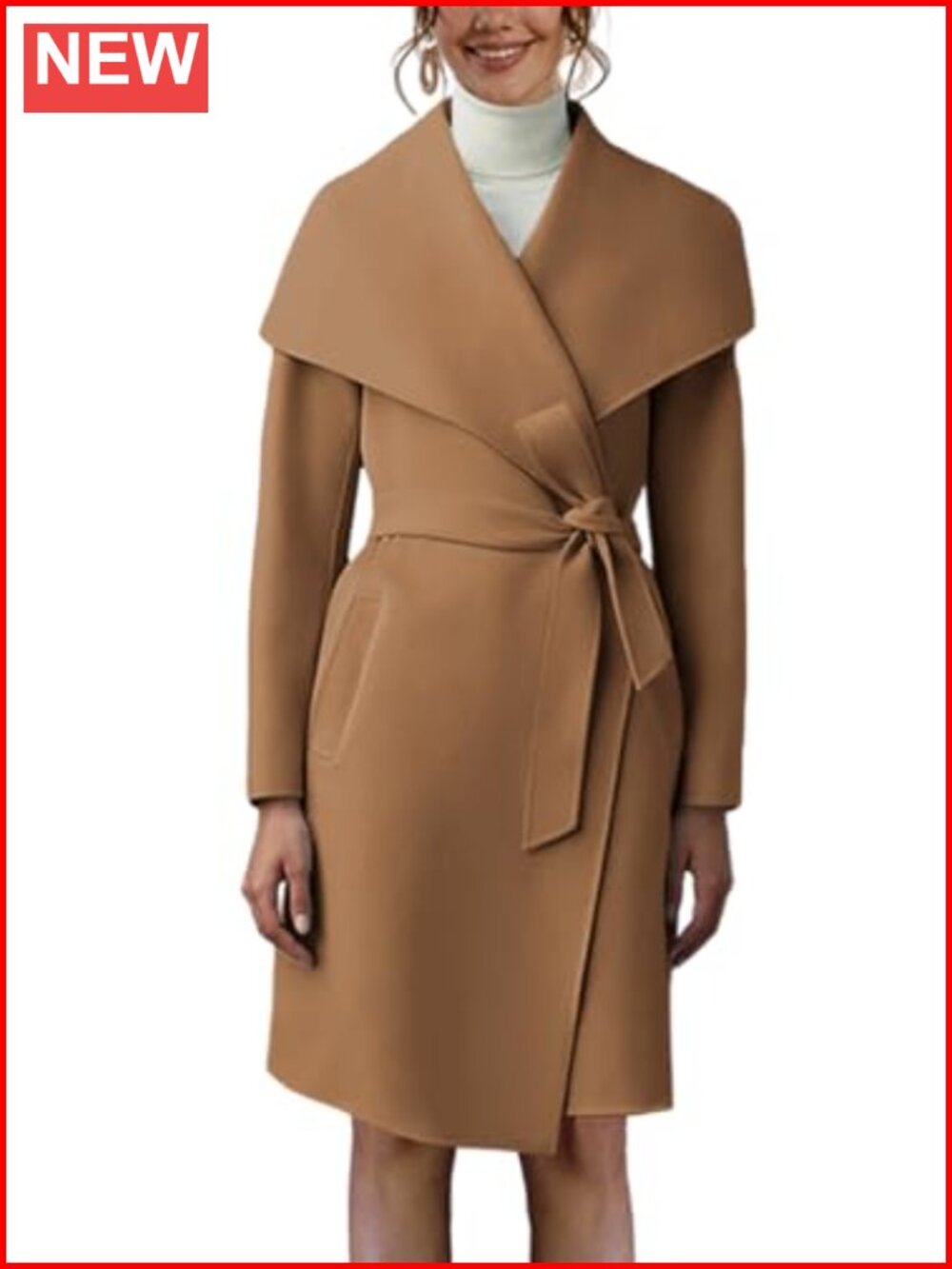 Long Sleeve Pea Coat Belted Open Front Wool & Pea Coats Warm Winter Outwear